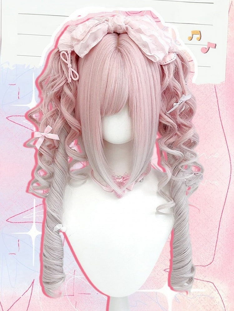 White and Pink 27cm Blunt Bangs Wig with Long Wavy Twin Tails Claw Clip - Sleepy Fish