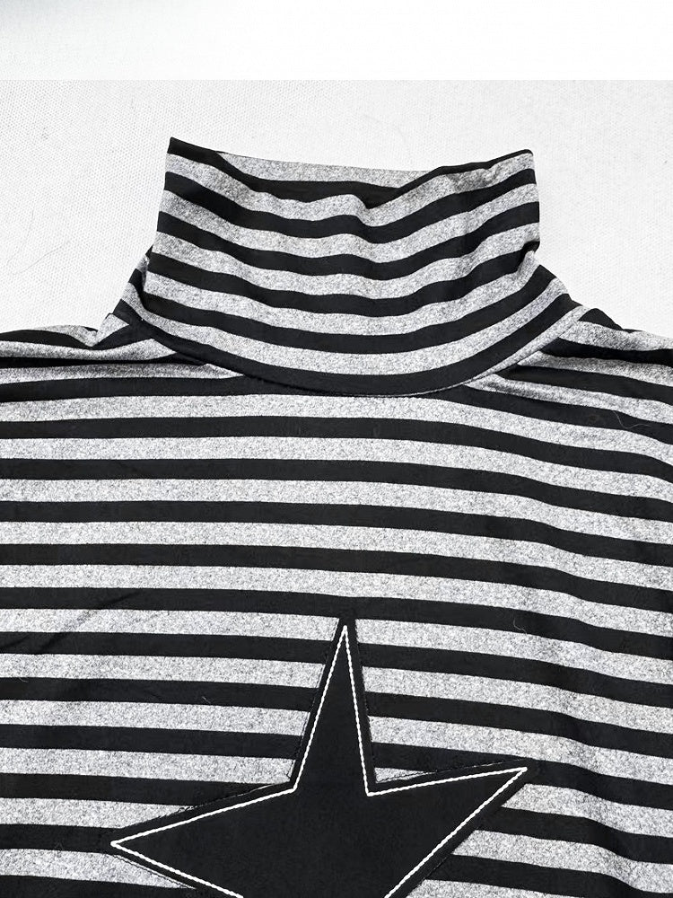 Black Striped Neck Long Star Pattern Gothic with High Top Applique Sleeves