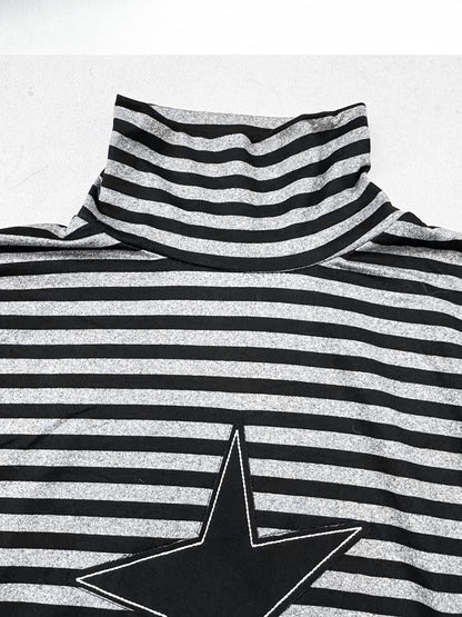 Black Striped Neck Long Star Pattern Gothic with High Top Applique Sleeves