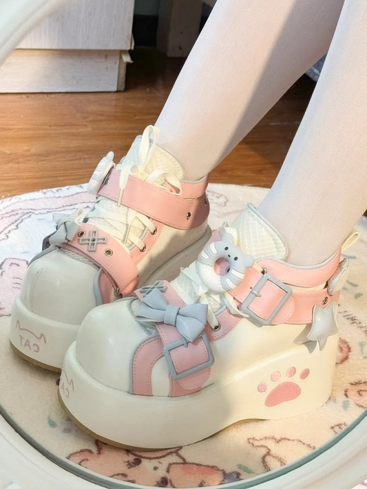 Lolita Sweet Embellishments Pink Bow Platform Regular/Thicken Shoes Paw Version - Themed Motif with Kitty White Embroidery
