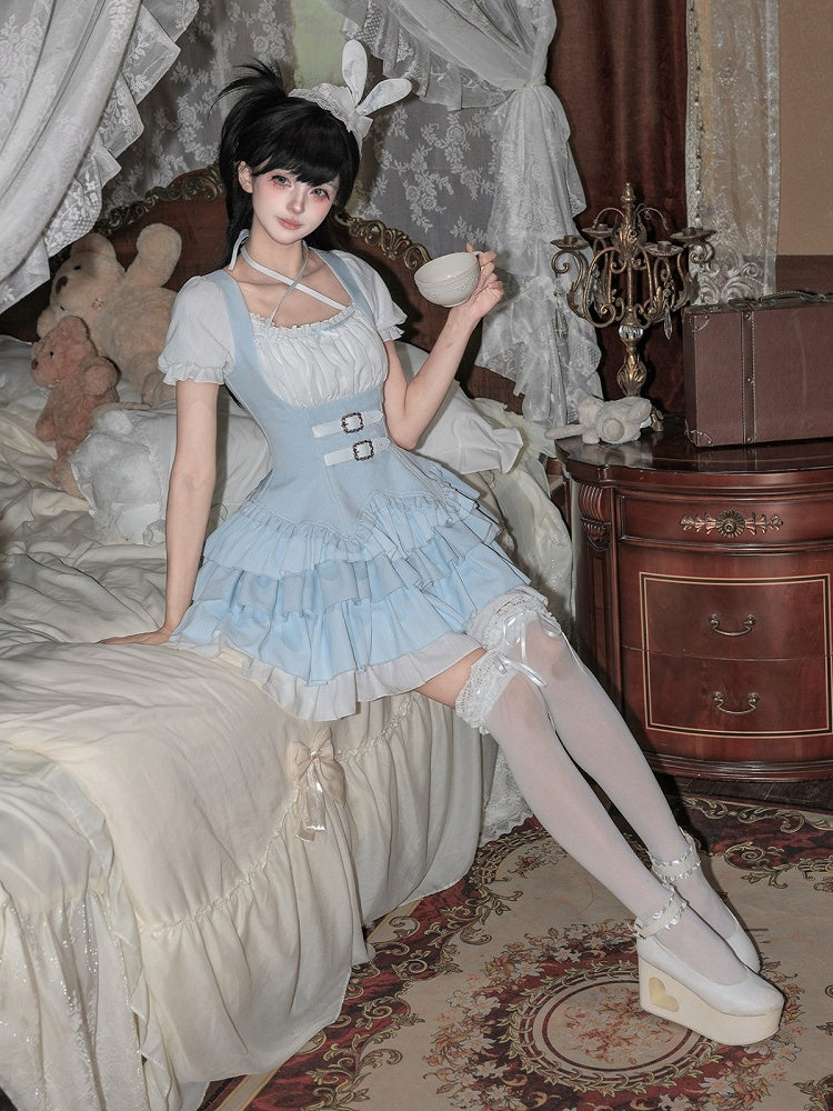 Blue & White Striped OP Dress Set with Necklace and Rabbit Hat - With PUJI