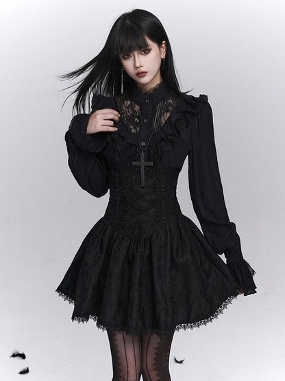 Floral Embroidery A-Line with Skirt Gothic Black Trim Lace