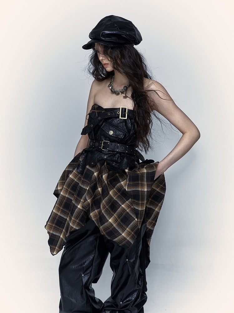 Corset Dress/Skirt: PU Studded Black 2-in-1 Hem Plaid Handkerchief Convertible Strapless