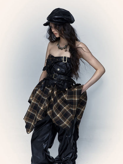 Corset Dress/Skirt: PU Studded Black 2-in-1 Hem Plaid Handkerchief Convertible Strapless