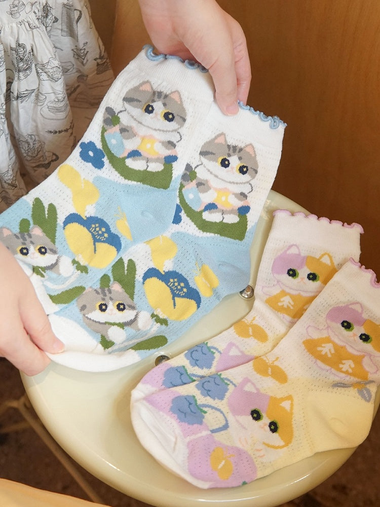 Cute Kitty Floral Print Socks Set