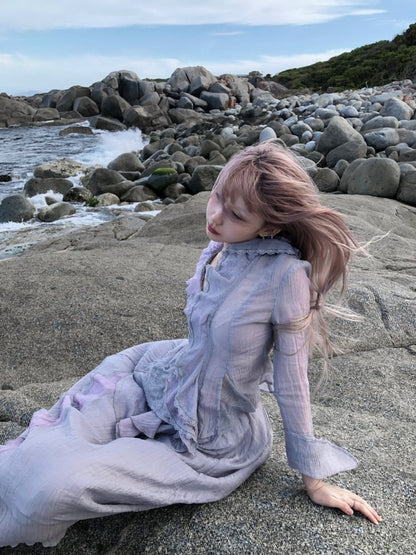 Dusty Sleeve Purple Cascading Long Flounce with Trim Top