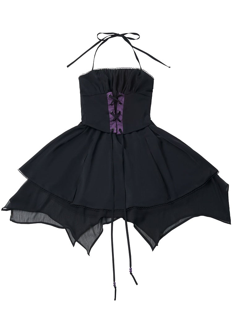 Short Black Halter Dress with Asymmetrical Hem - PINK SAVIOR