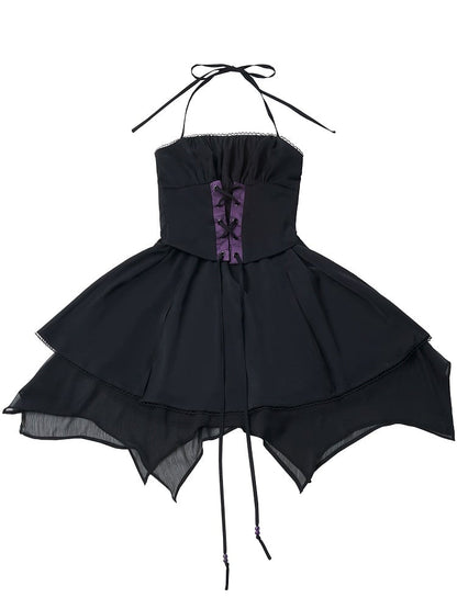 Short Black Halter Dress with Asymmetrical Hem - PINK SAVIOR