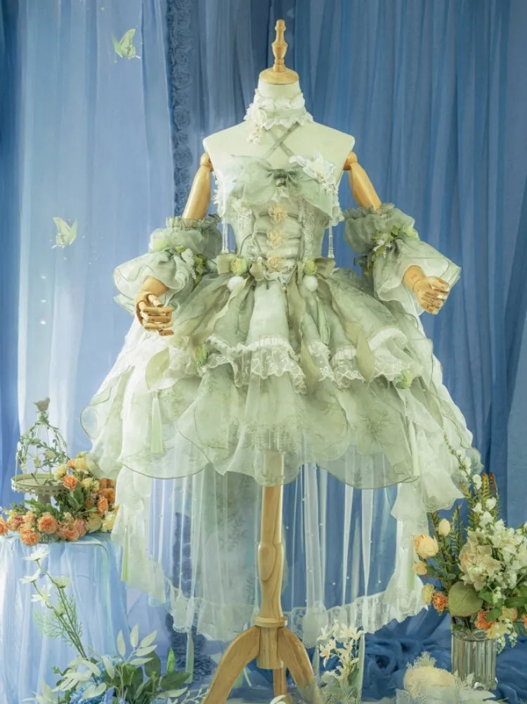 Set Decorated Princess Fairy Dress Flowers Lolita Butterfly JSK Light Full Green Forest