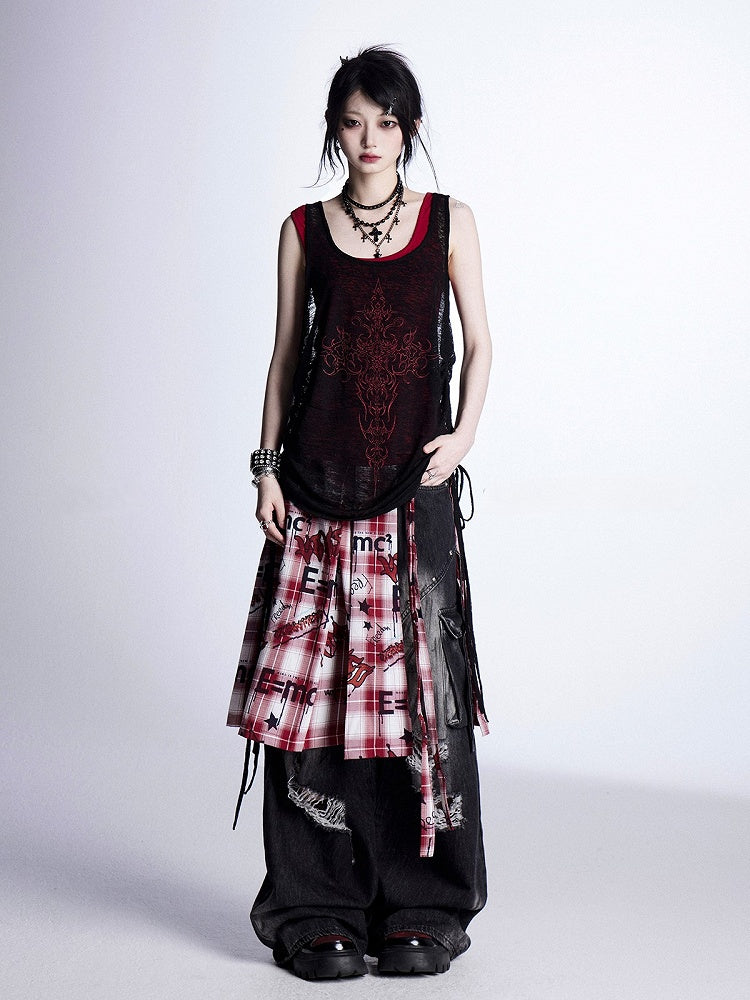 Tank Cross Black Print Red Adjustable with Drawstrings Top Semi-Sheer