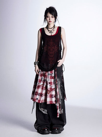 Tank Cross Black Print Red Adjustable with Drawstrings Top Semi-Sheer