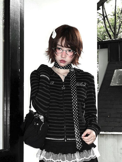 Striped with Gray Jacket Black Accents Rhinestone Star-shaped Zipper Closure Y2K