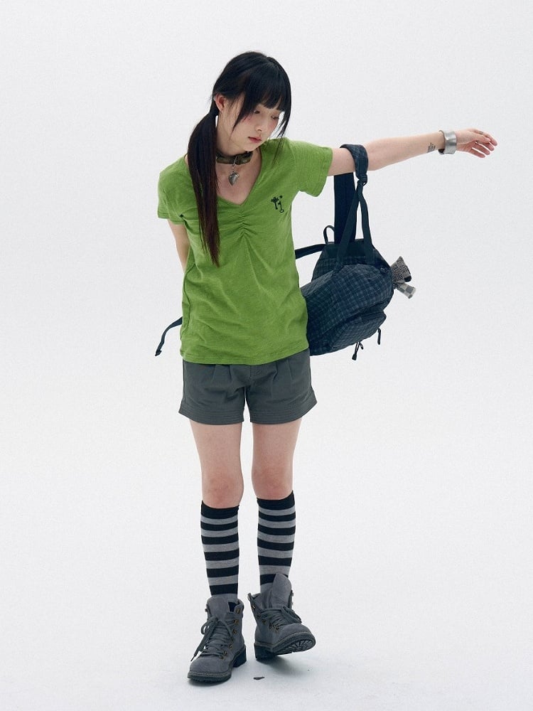 Green Cotton V-Neck Tee with Key Embroidery - innomoood