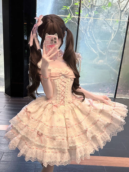 Details Multi-Layered Bow Princess Dress Lace Lolita Apricot Jacquard with