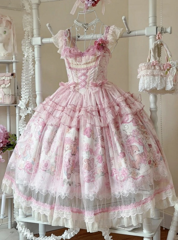 Pink Bow Sweet Lolita Hairclip with Floral Center - Honey Machine