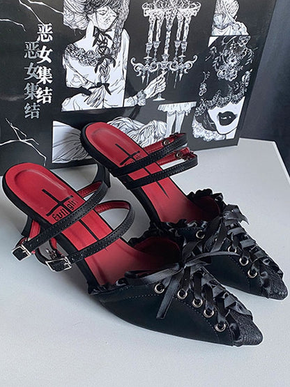 Slingback Pointed Gothic Detail Lace-up Sandals Toe Black