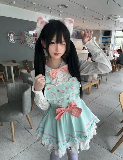 Soft Mint Green Adorable Cat Embroidered Overall Dress / White Sailor Collar Blouse