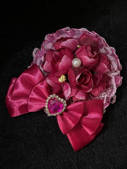 Floral Bowknot Decorated Rhinestone Red Rose Hairclip Design
