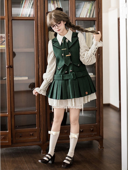 + Two-pieces Fake Box Tie Pleat Lolita Green Preppy Tonal Dress Short Style