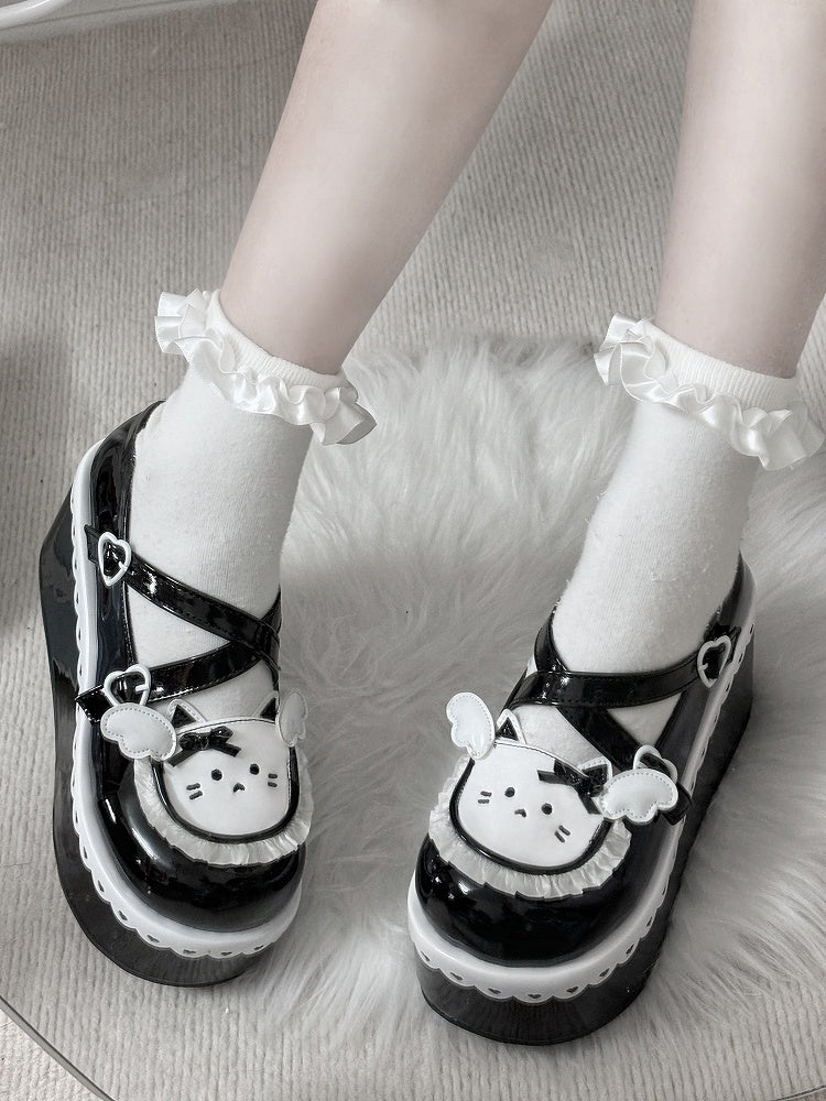 Black Round Toe Kitty  Angel Heart Buckle Platform Lolita Shoes