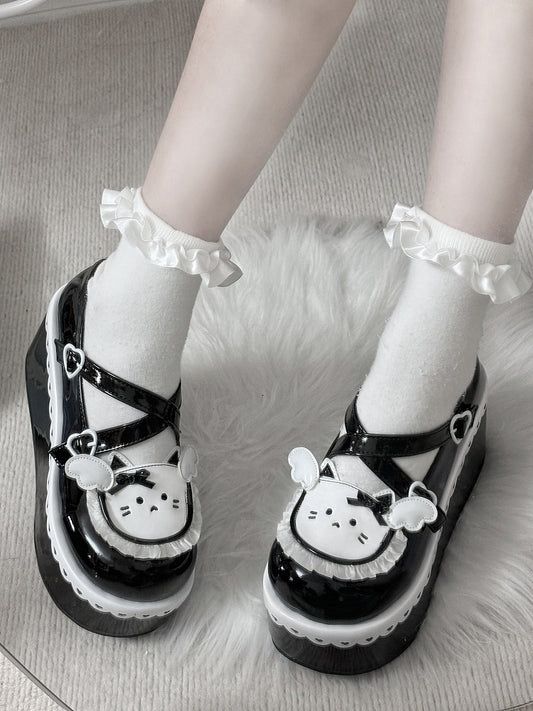 Black Round Toe Kitty  Angel Heart Buckle Platform Lolita Shoes
