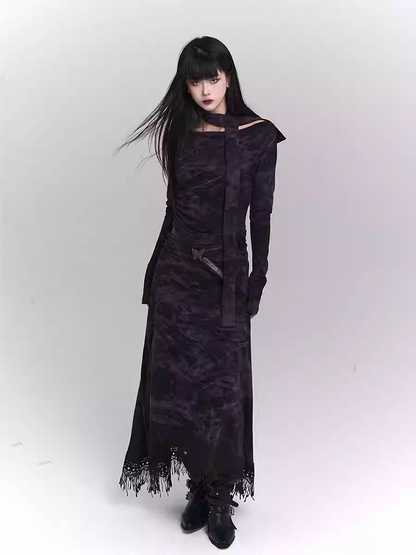 Wasteland Punk Purple Asymmetrical Tassel Hem Side-Slit  Dress