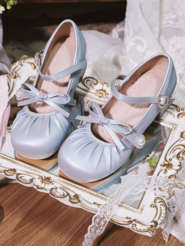Blue Sweet - Toe Mary Janes Knotted Low-heel Buckle Top Heart Lolita Rhinestone at Bow Round