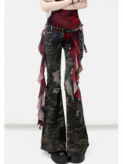 Holes Flare Jeans Camo Green Silhouette Details Pattern Distressed Army