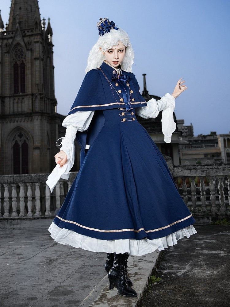 Navy Prince Lolita OP Full Set Long Fake Two-Piece with Cape, Shoulder Chain, Brooch, Bow Tie & Crown - With PUJI