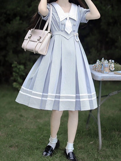 Weiß Gestreiften und Kleid Sommer Ärmeln Taille Puff Blau Gürtel mit