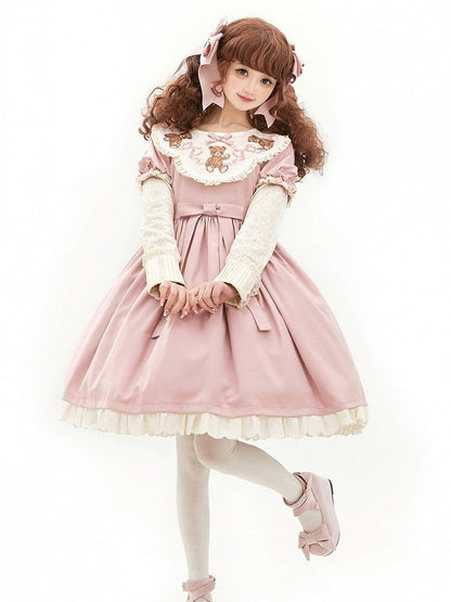 Lace Sleeves Lolita Neckline Embroidered Teddy Dresswith Bear Pink Sweet Trim Puff