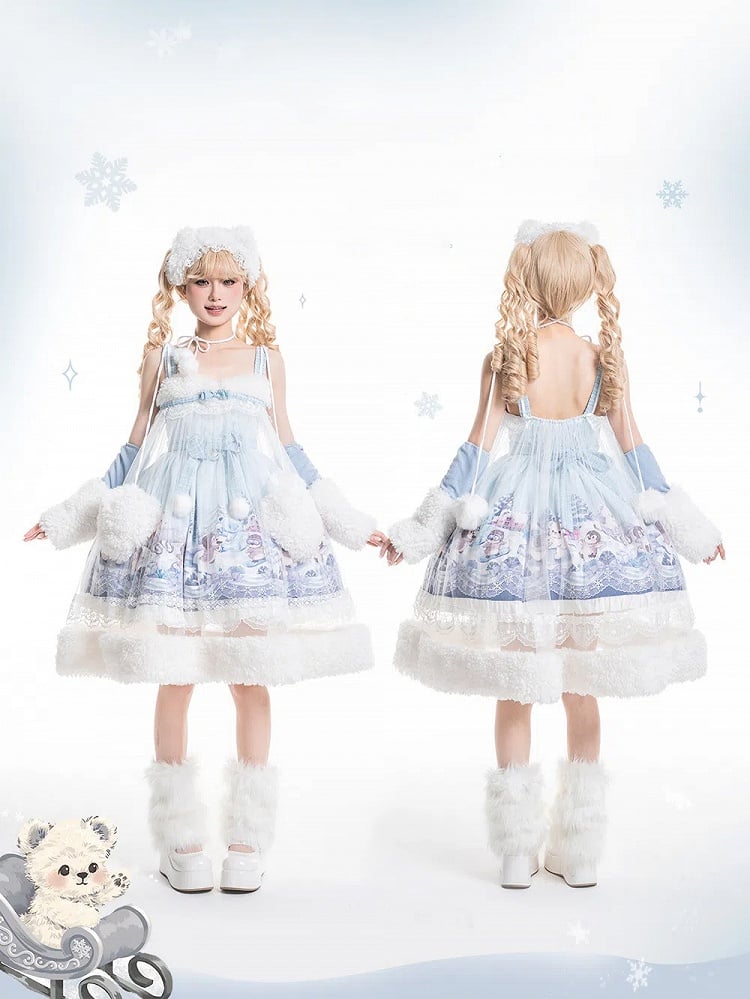 Sweet Winter High Waist Lolita JSK with Blue Penguin Print - Lineall Cat