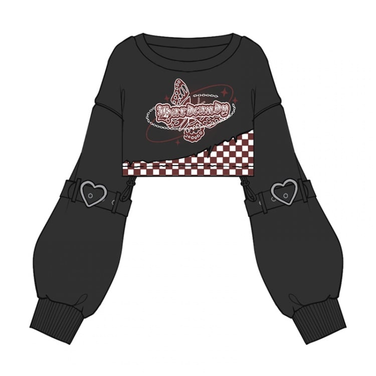 プラスサイズのチェック柄ブラック＆レッドのクロップド丈スウェットシャツとレッドのホルターネックトップス