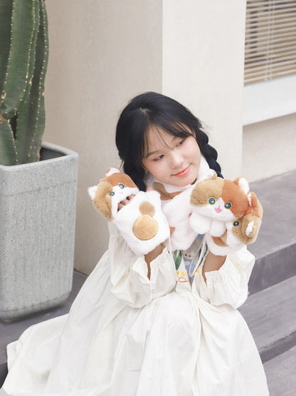 Süße Plüschhandschuhe in Katzenform, weiß und braun