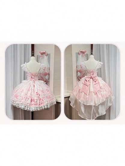 Sweet Strawberry Printed Pink Lolita JSK Dress Adorned with Bow Accents - PG Lullaby