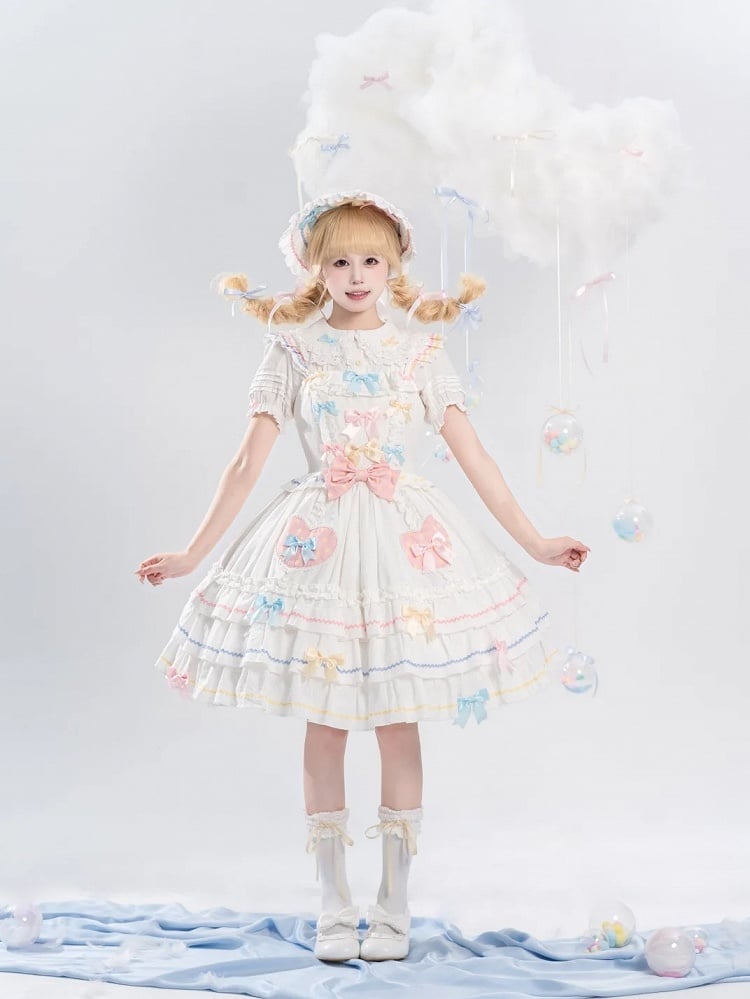 Macaron Farbe Bowknots Weiß JSK Ärmeln Tiered Sweet Lolita Kleid Flatterrock