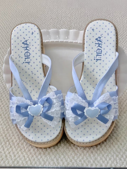 Platform Bow Grain Applique with Sole Decorative Heart Slippers Wood