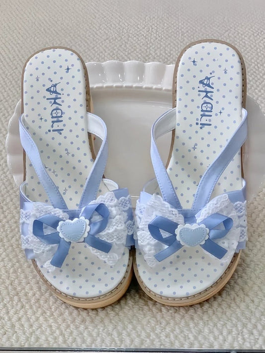 Platform Bow Grain Applique with Sole Decorative Heart Slippers Wood