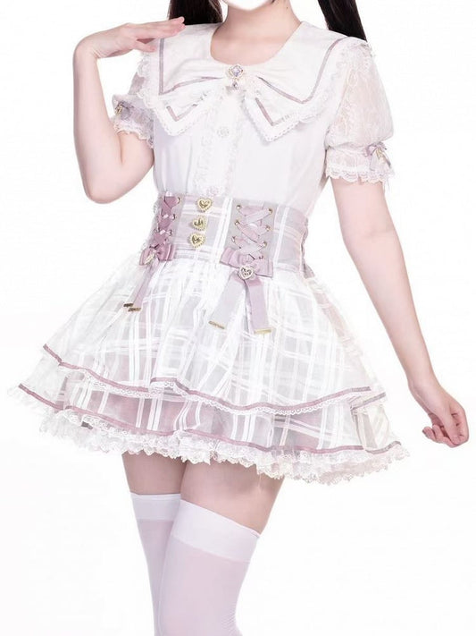 High Plaid Tiered Skirt with Lace-up Jirai Kei Organza Pink Waist