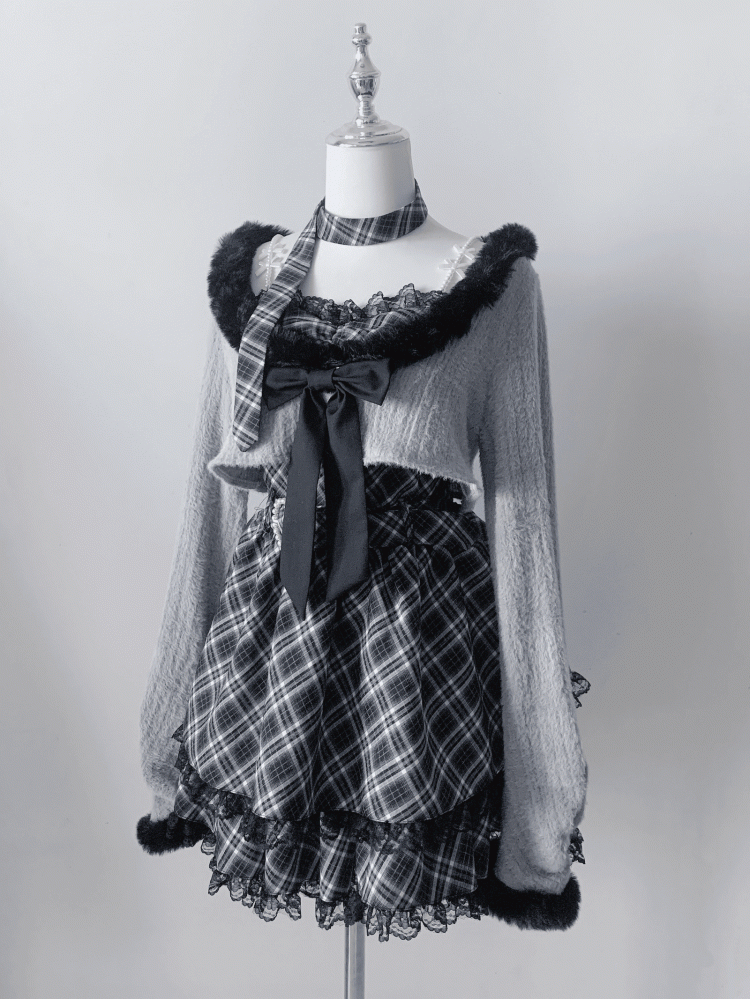 Plaid Heart Jirai Gray Two-Piece - with Crop Fuzzy Belt Trim Cami Top Kei Dress Set Buckle