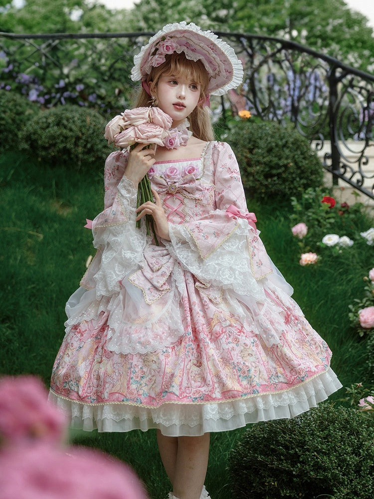 Rosafarbenes Lolita-Kleid mit Rosettendruck, inspiriert von der Rokoko-Mode, quadratischer Ausschnitt, Glockenärmel, OP/komplettes Set