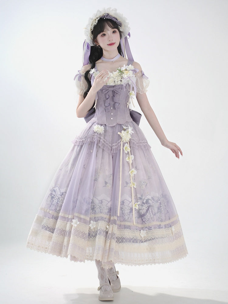 Klassischer Langer Rock Lolita Dekoration + Jasmine Top Print Set Lila Korsett Floral