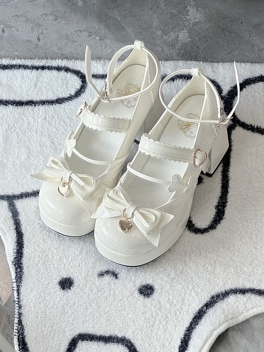 White High with Lolita Decor Heart-shaped Shoes Elegant Mary Snap Jane Bow Block Heel