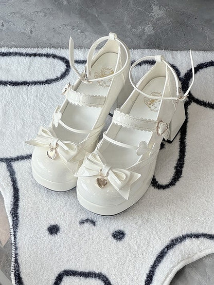 White High with Lolita Decor Heart-shaped Shoes Elegant Mary Snap Jane Bow Block Heel