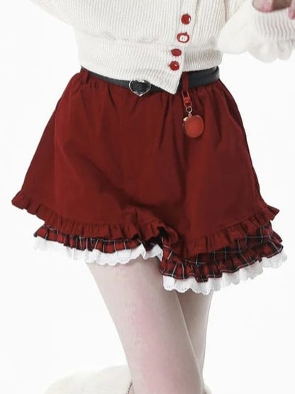 Trim Shorts Plaid Cuff with Red Ruffled Lace