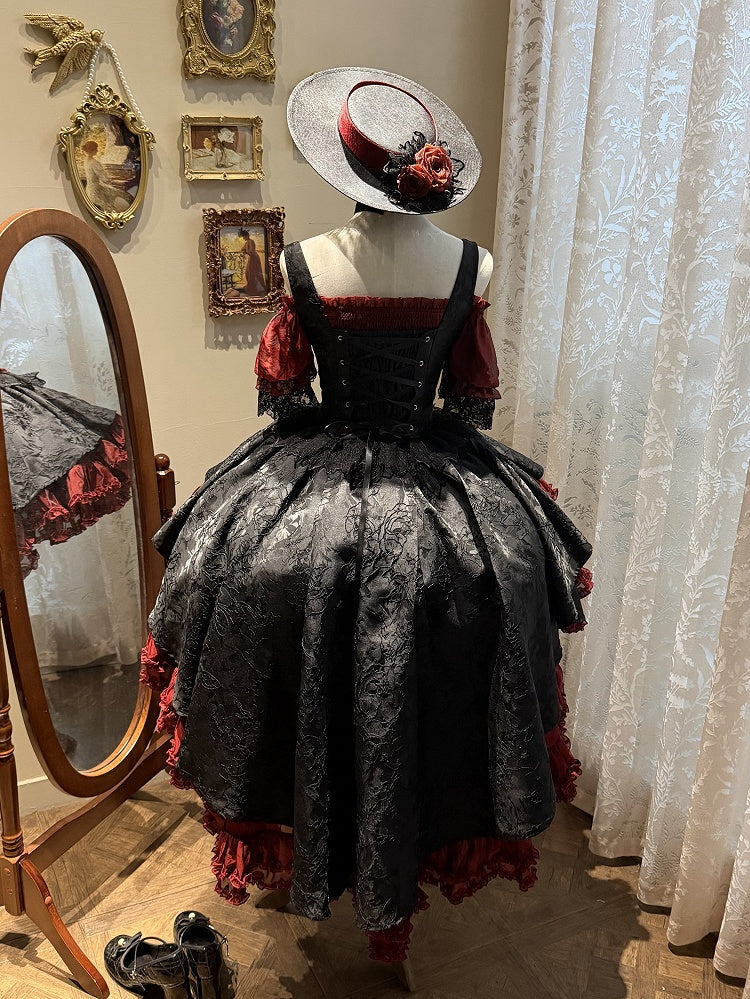 Gothic Underbust JSK Dress with Off-Shoulder Blouse, Red & Black, High-Low Skirt - Sheer Ocean