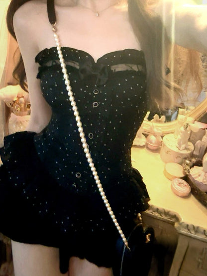 Korsett Stickerei Schleife Schwarz Spitze Bustier Mit Abnehmbaren Blumen Rüschen