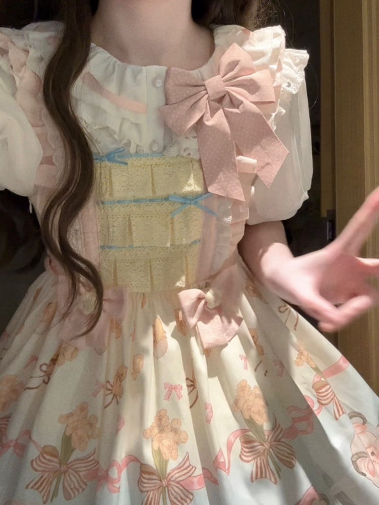 取り外し可能なピンクのブラウス袖、水玉模様、ショートリボン、ホワイト