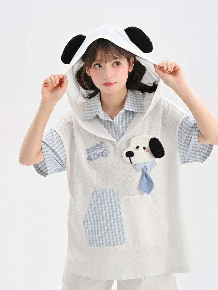 子犬の耳のデザインフード柄の2ピースホワイト＆子犬フェイクTシャツブルーチェック柄