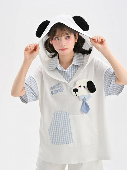 子犬の耳のデザインフード柄の2ピースホワイト＆子犬フェイクTシャツブルーチェック柄